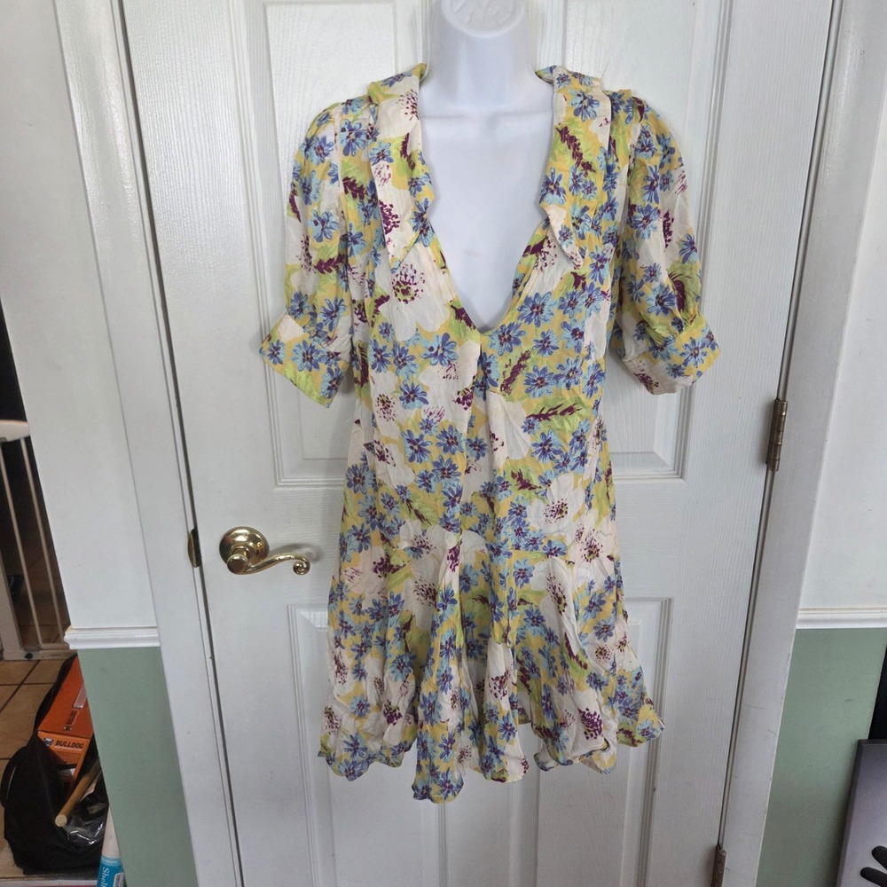 Free People Small Floral Mini Dress Yellow Blue Collared Puff Sleeve Cottagecore